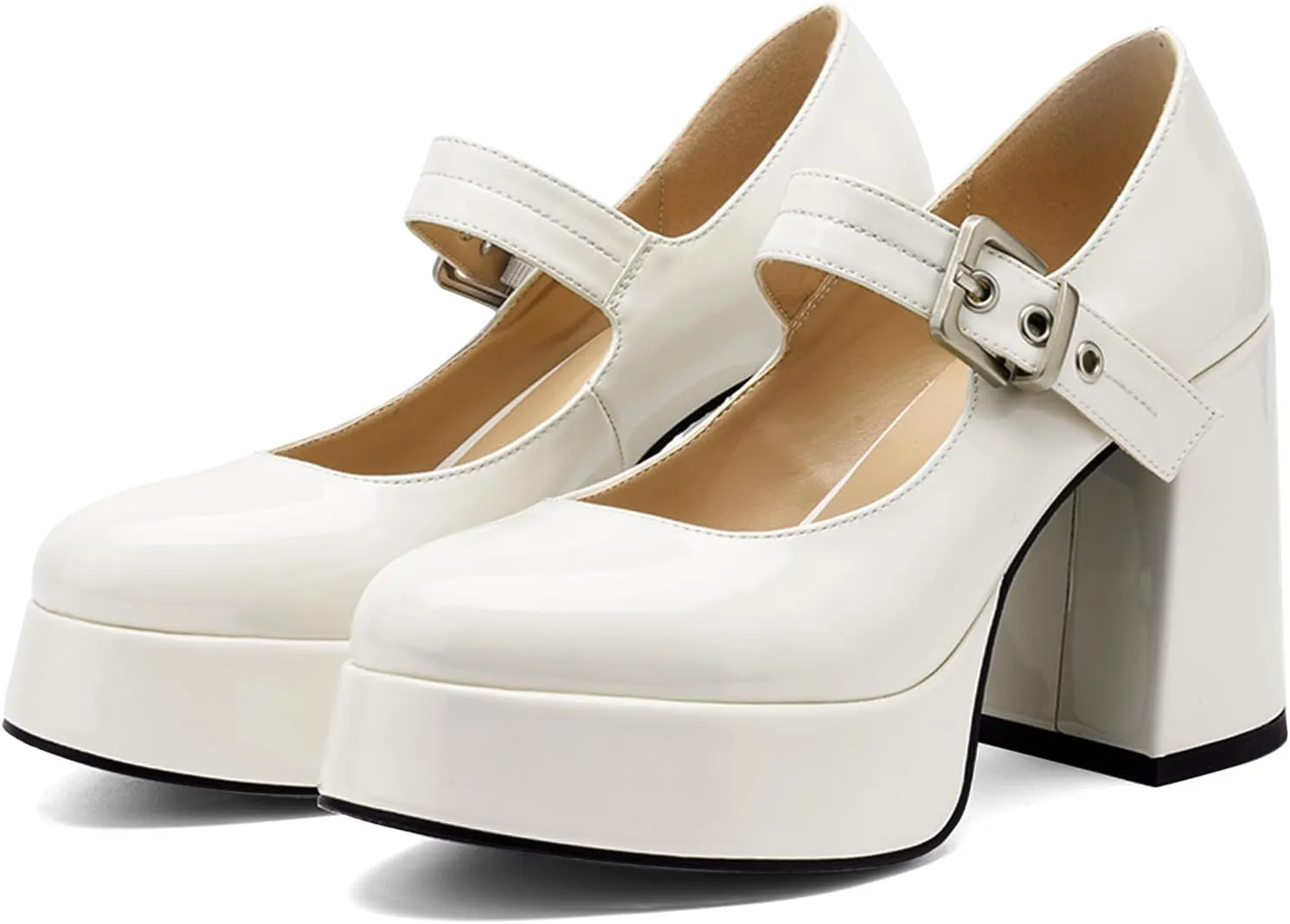 Chunky Platform Heels for Women Mary Jane Heels Round Closed Toe Block Heel Dress Shoes