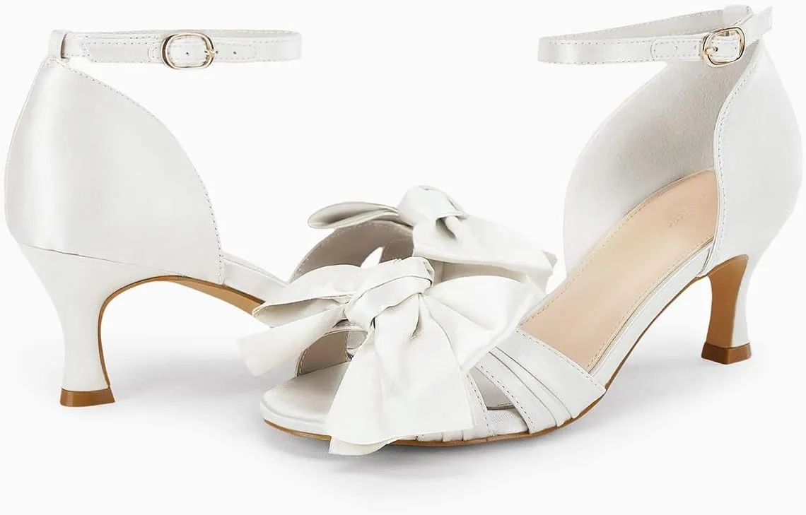 Coutgo Women's Kitten Heels Bow Low Heel Sandals Open Toe Ankle Strap Party Wedding Dress Shoes