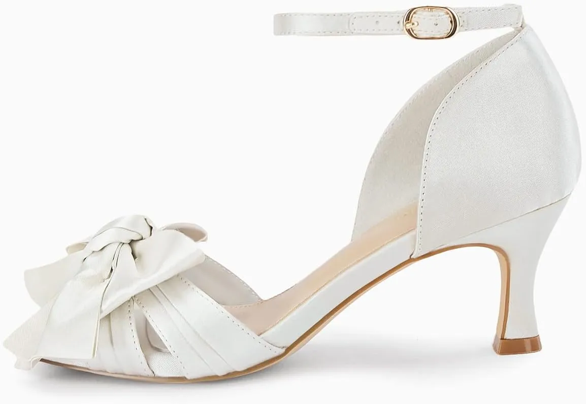 Coutgo Women's Kitten Heels Bow Low Heel Sandals Open Toe Ankle Strap Party Wedding Dress Shoes
