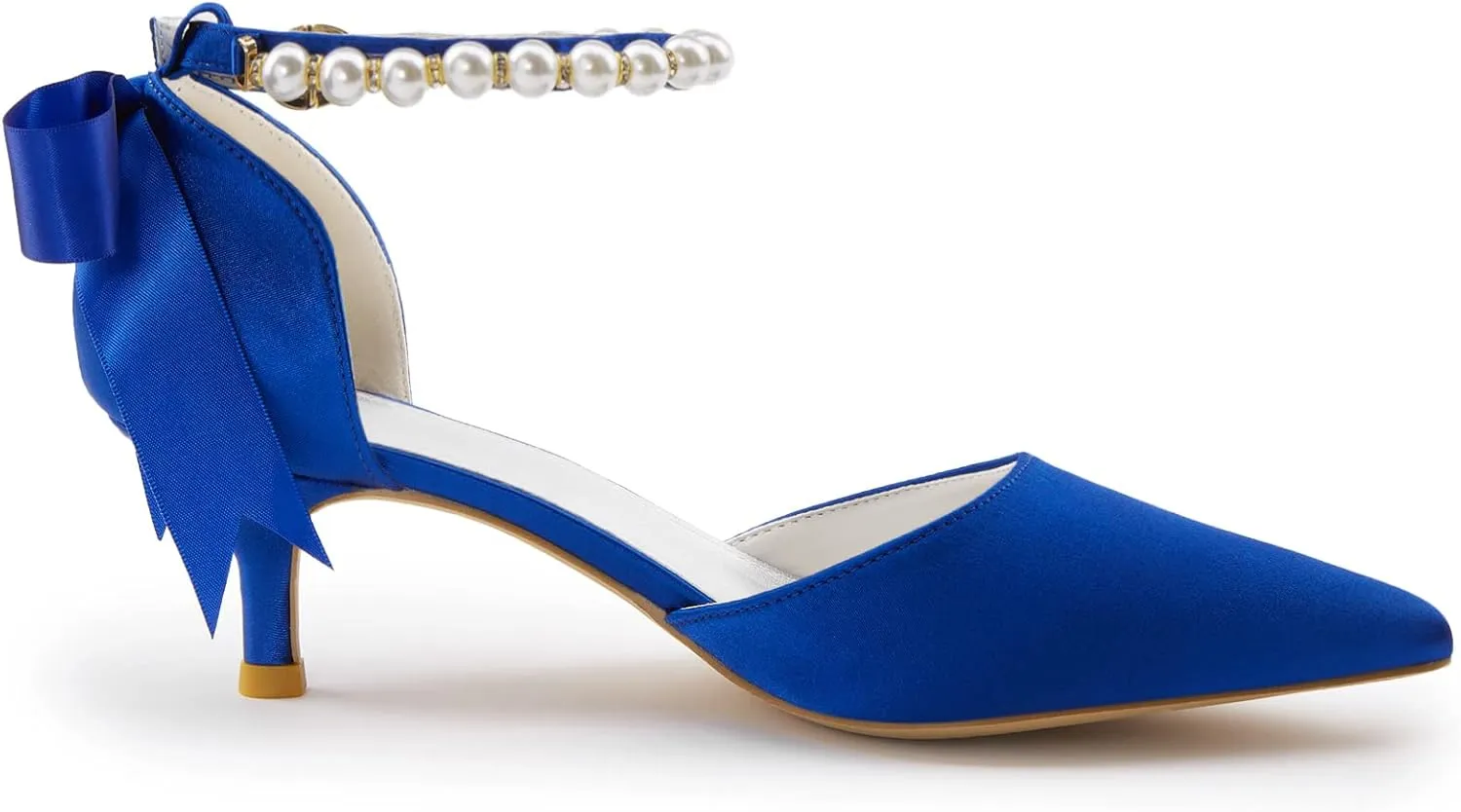 Coutgo Womens Pearl Ankle Strap Pumps Low Kitten Heel D'Orsay Satin Back Tieknot Heels Pointed Toe Wedding Party Dress Shoes