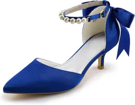 Coutgo Womens Pearl Ankle Strap Pumps Low Kitten Heel D'Orsay Satin Back Tieknot Heels Pointed Toe Wedding Party Dress Shoes