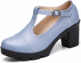 DADAWEN Women's Leather Classic T-Strap Platform Chunky Mid-Heel Mary Jane Square Toe Oxfords Dress Pump Shoes