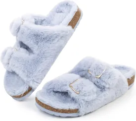 FITORY Womens Open Toe Slipper with Cozy Lining,Faux Rabbit Fur Cork Slide Sandals Size 6-11