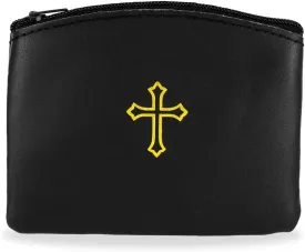 Genuine Leather Rosary Pouch with Zipper and Cross Imprint - Rosary Beads Holder Case for Men and Women