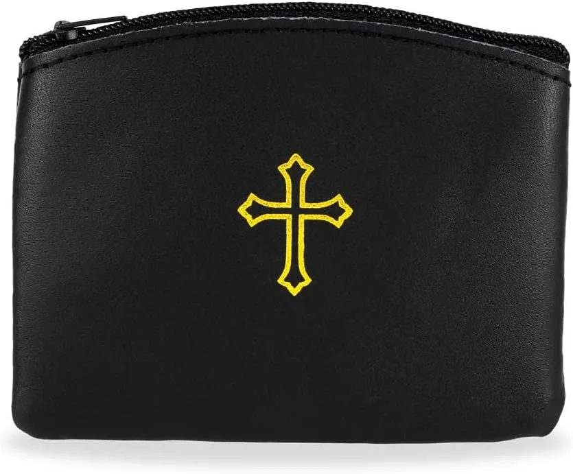 Genuine Leather Rosary Pouch with Zipper and Cross Imprint - Rosary Beads Holder Case for Men and Women