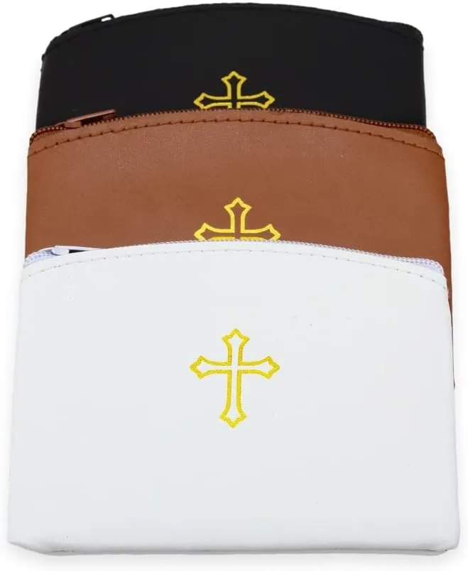 Genuine Leather Rosary Pouch with Zipper and Cross Imprint - Rosary Beads Holder Case for Men and Women