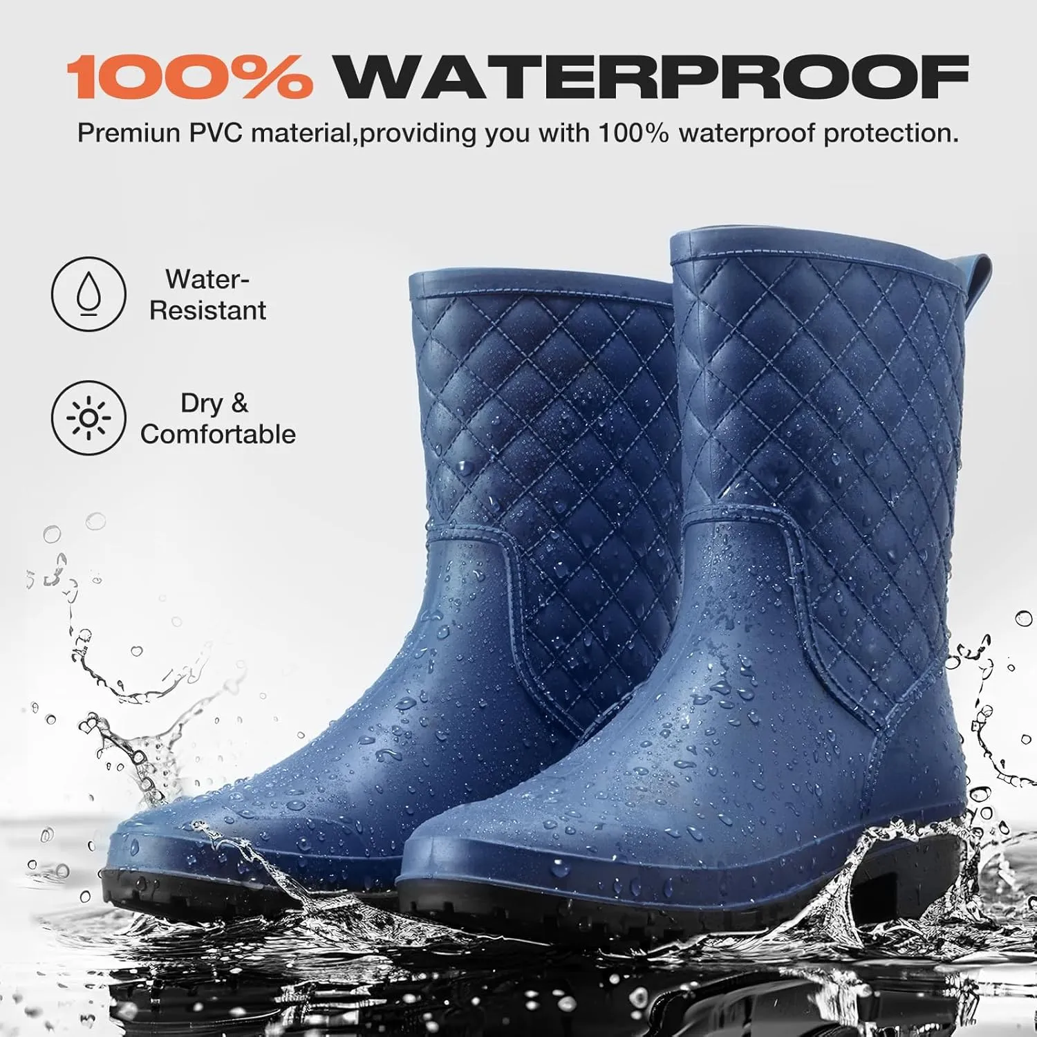 HISEA Rain Boots for Women, Lightweight Fashion Rubber Boots Mid Height Waterproof Garden Shoes Women's Rain Footwear