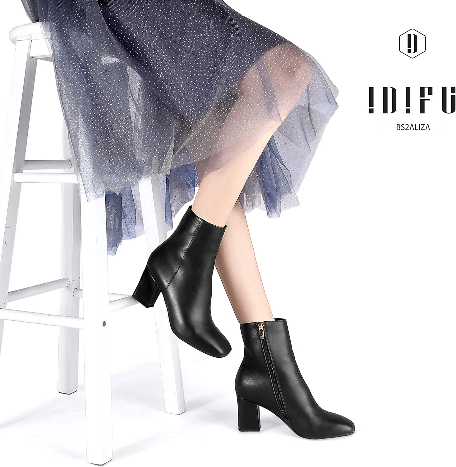 IDIFU Women's Aliza Fashion Square Toe Short Boots Side Zipper Low Block Heel Ankle Booties