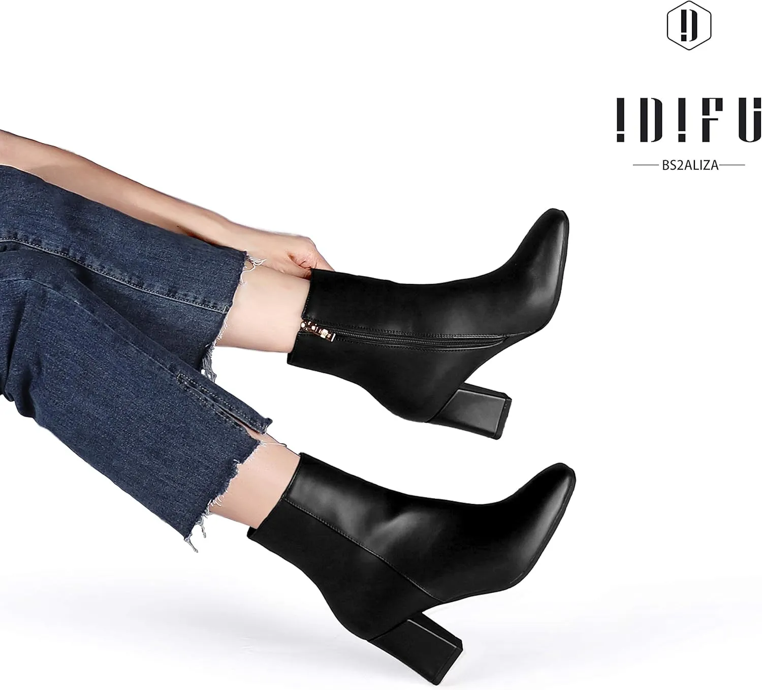 IDIFU Women's Aliza Fashion Square Toe Short Boots Side Zipper Low Block Heel Ankle Booties