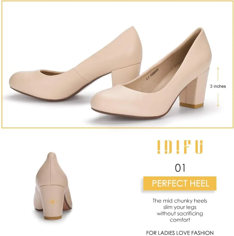 IDIFU Women's Sherry Dress Low Block Chunky Heels Pumps Closed Round Toe Shoes for Wedding Office Evening