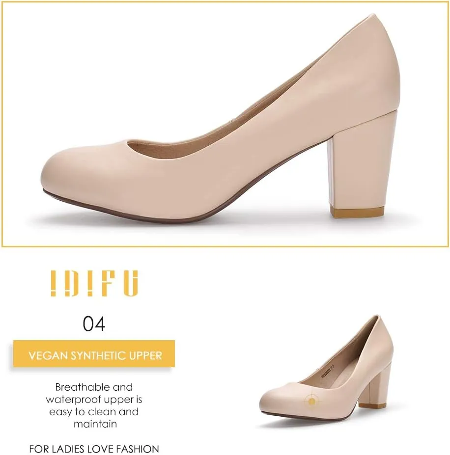 IDIFU Women's Sherry Dress Low Block Chunky Heels Pumps Closed Round Toe Shoes for Wedding Office Evening