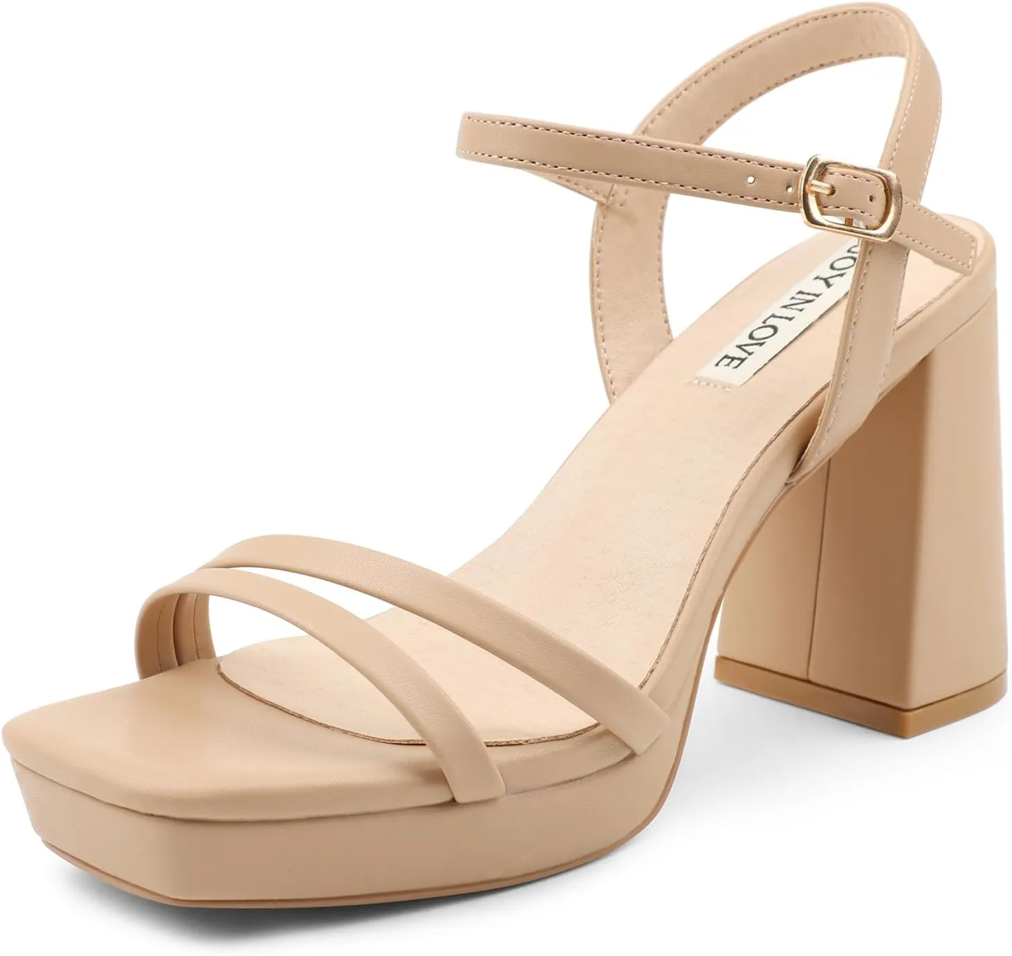JOY IN LOVE Platform Heels for Women 3.5 Inch Chunky Block Heel Ankle Strap Sandals