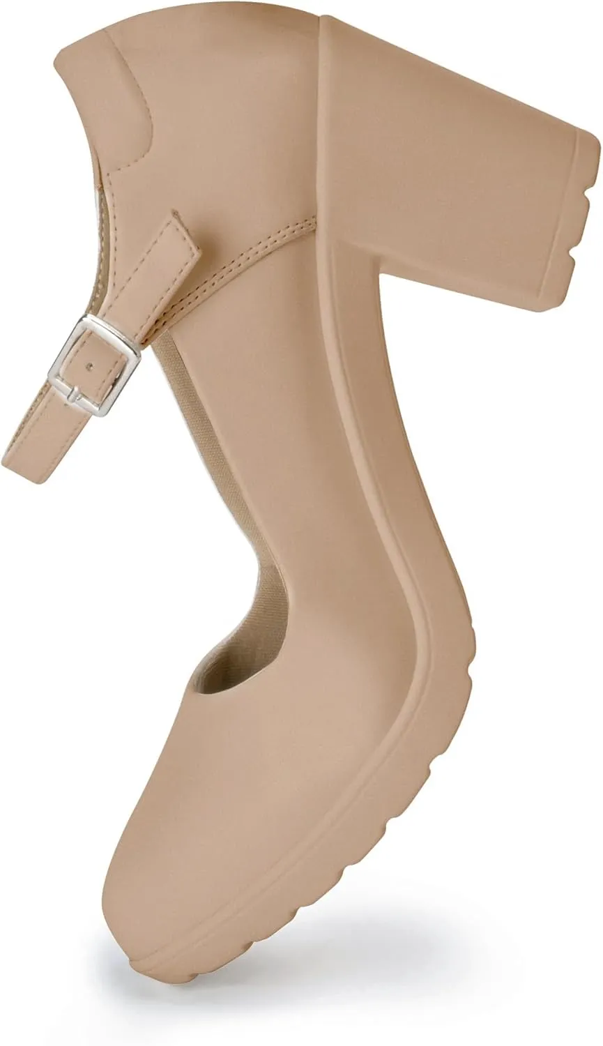 Mary Jane Heels with Arch Support, Closed Round Toe Chunky Pumps for Women, Comfortable Block Heel Dress Shoes