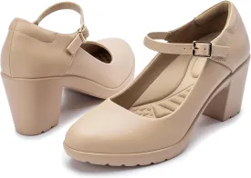 Mary Jane Heels with Arch Support, Closed Round Toe Chunky Pumps for Women, Comfortable Block Heel Dress Shoes