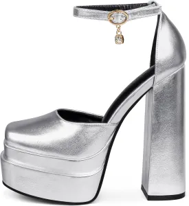 MERUMOTE Womens Sexy High Heels Platforms Pumps Square Toe Chunky Block Heels Rhinestone Party Shoes