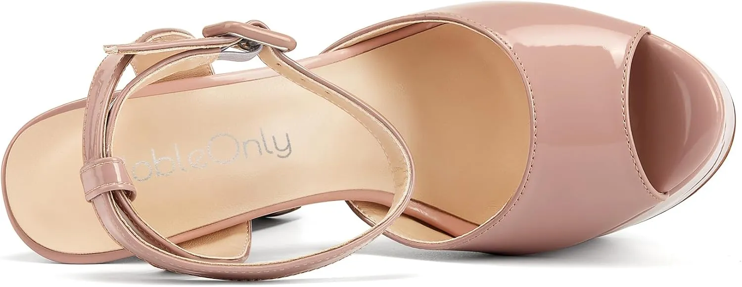 NobleOnly Womens High Block Platform Heel Peep Toe Ankle Strap Sandals Buckle Prom Dress Shoes 5.9 Inches Heels