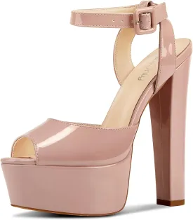 NobleOnly Womens High Block Platform Heel Peep Toe Ankle Strap Sandals Buckle Prom Dress Shoes 5.9 Inches Heels