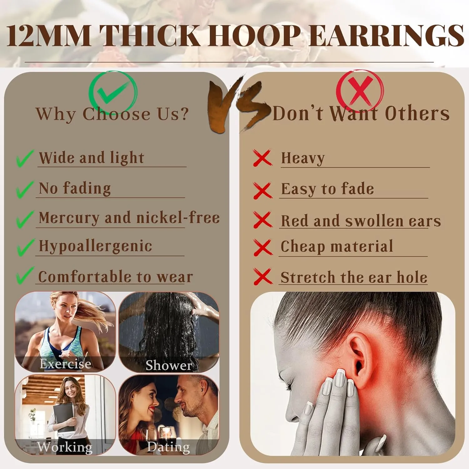 Senteria 12mm Wide Thick Hoop Earrings 925 Sterling Silver Hoop Earrings for Women Hypoallergenic 14K Real Gold Plated Hoops Large Earring Lightweight Chunky Hoops Earring for Women 25/30/40/50MM