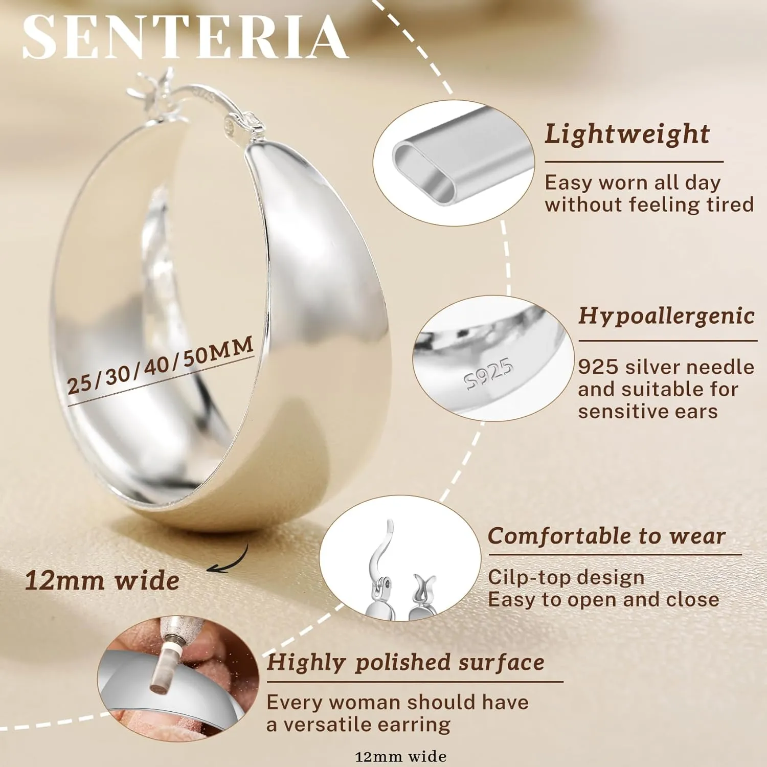 Senteria 12mm Wide Thick Hoop Earrings 925 Sterling Silver Hoop Earrings for Women Hypoallergenic 14K Real Gold Plated Hoops Large Earring Lightweight Chunky Hoops Earring for Women 25/30/40/50MM