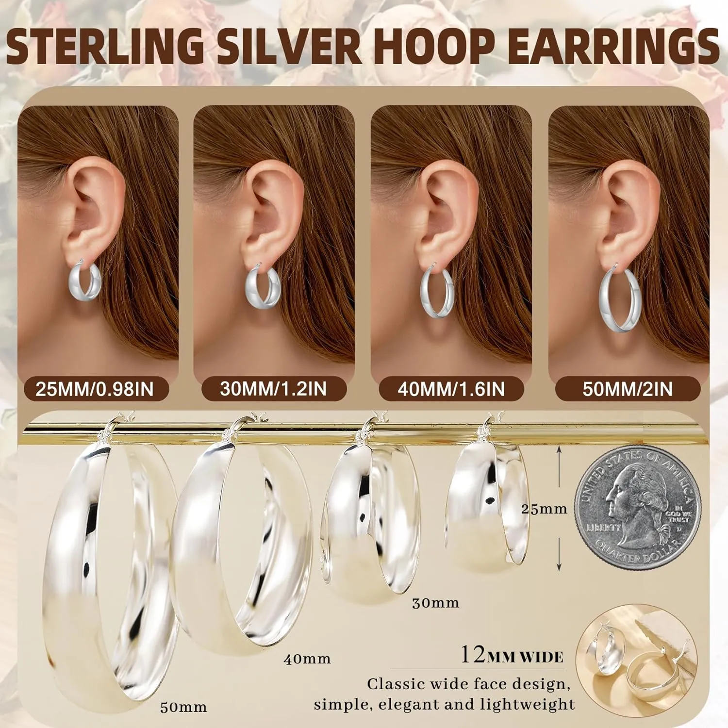 Senteria 12mm Wide Thick Hoop Earrings 925 Sterling Silver Hoop Earrings for Women Hypoallergenic 14K Real Gold Plated Hoops Large Earring Lightweight Chunky Hoops Earring for Women 25/30/40/50MM