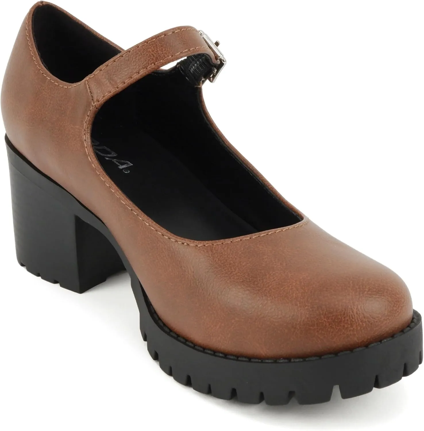 Soda Boxer ~ Women Mary Jane Round Toe Chunky Block Heel Lug Sole Pump with Adjustable Strap