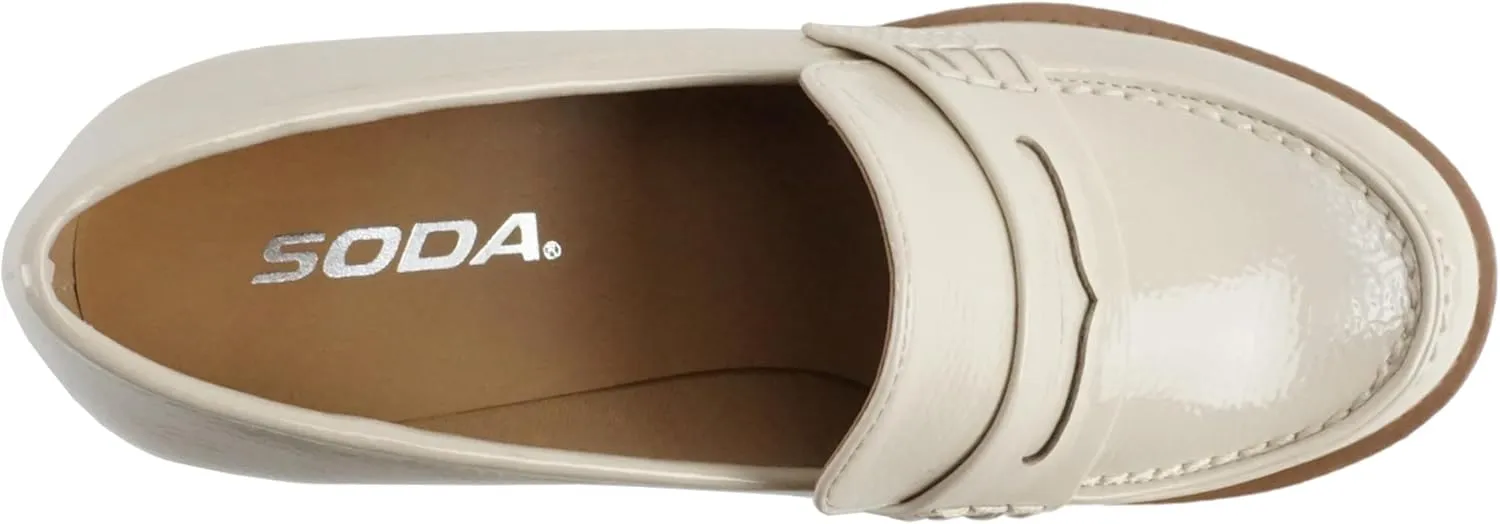 Soda Kinder ~ Women Slip On Chunky Mid Heel Lug Sole Penny Loafer Shoe