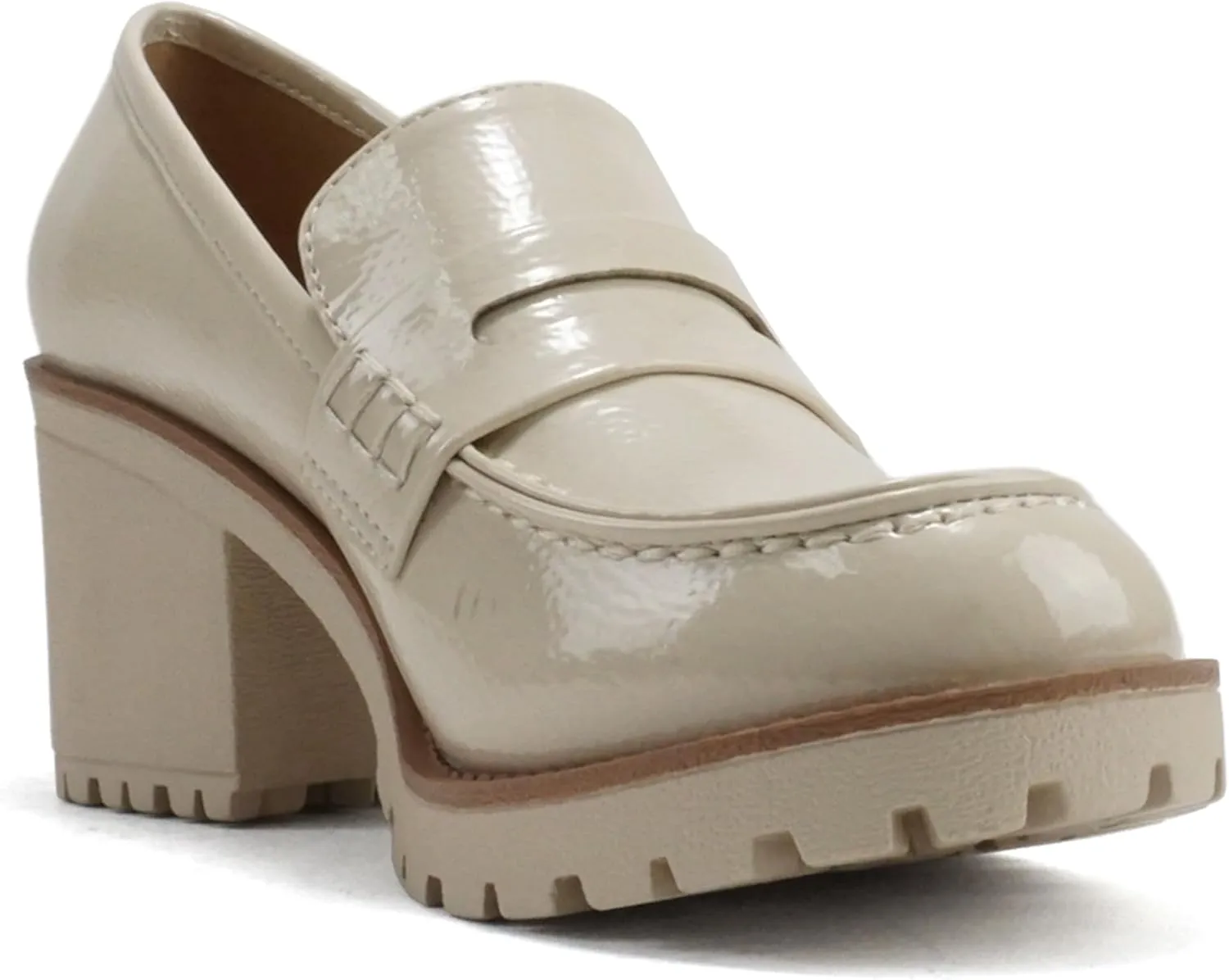 Soda Kinder ~ Women Slip On Chunky Mid Heel Lug Sole Penny Loafer Shoe