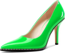 TNYNFBEB Womens Stiletto Mid Heel Pointed Toe Pumps Slip-on Sliver Beaded Prom Wedding Dress Basic Classic Patent Leather 3.5 Inches Heels