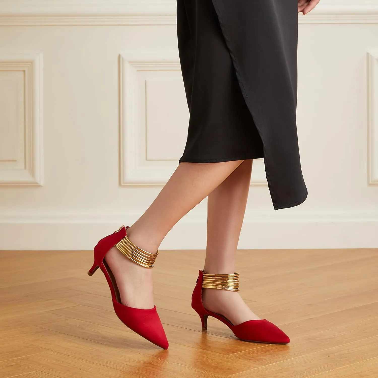 Trary Kitten Heels for Women Closed Pointed Toe Low Stiletto Heels Pumps Shoes Women Comfortable Ankle Strap Pumps 2" Heel Party Dressy Shoes