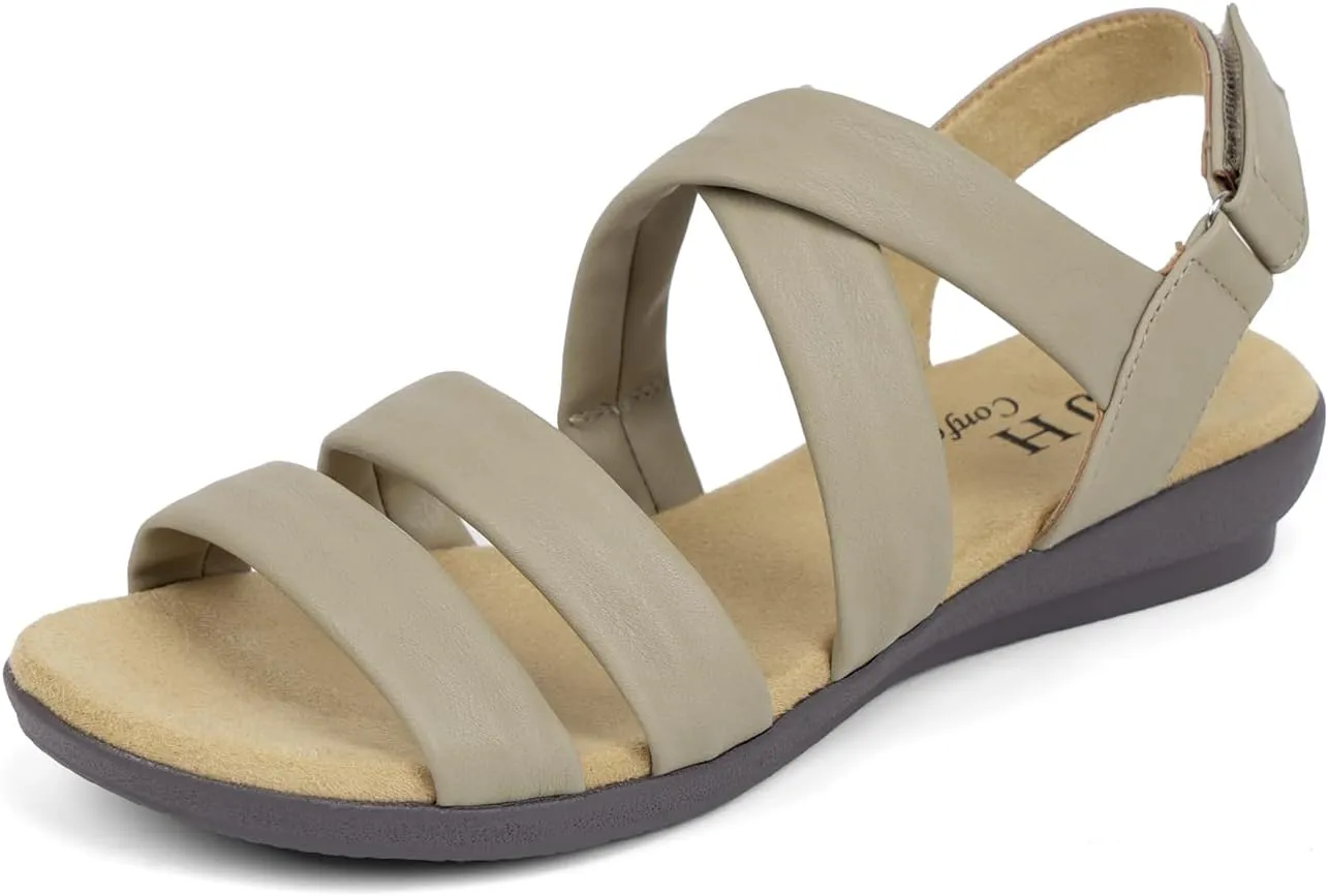VJH confort Womens Flat Sandals, Soft Straps Slip-on Open Toe Light Weight Elastic Slingback Comfort Casual Walking Sandals