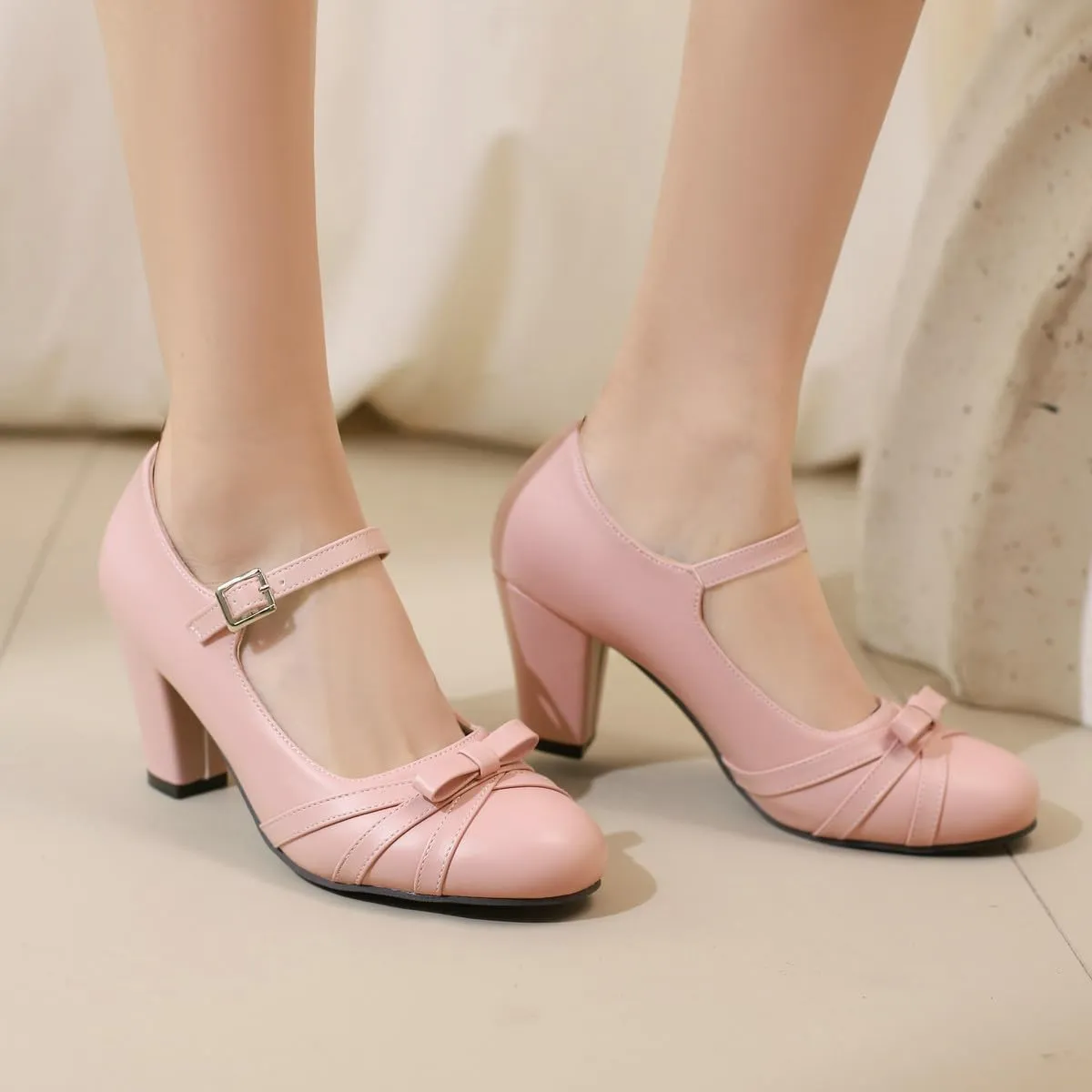 Womens Chic Bow Mary Jane Shoes Round Toe Chunky High Heels Kawaii Lolita Shoes Platform Pumps