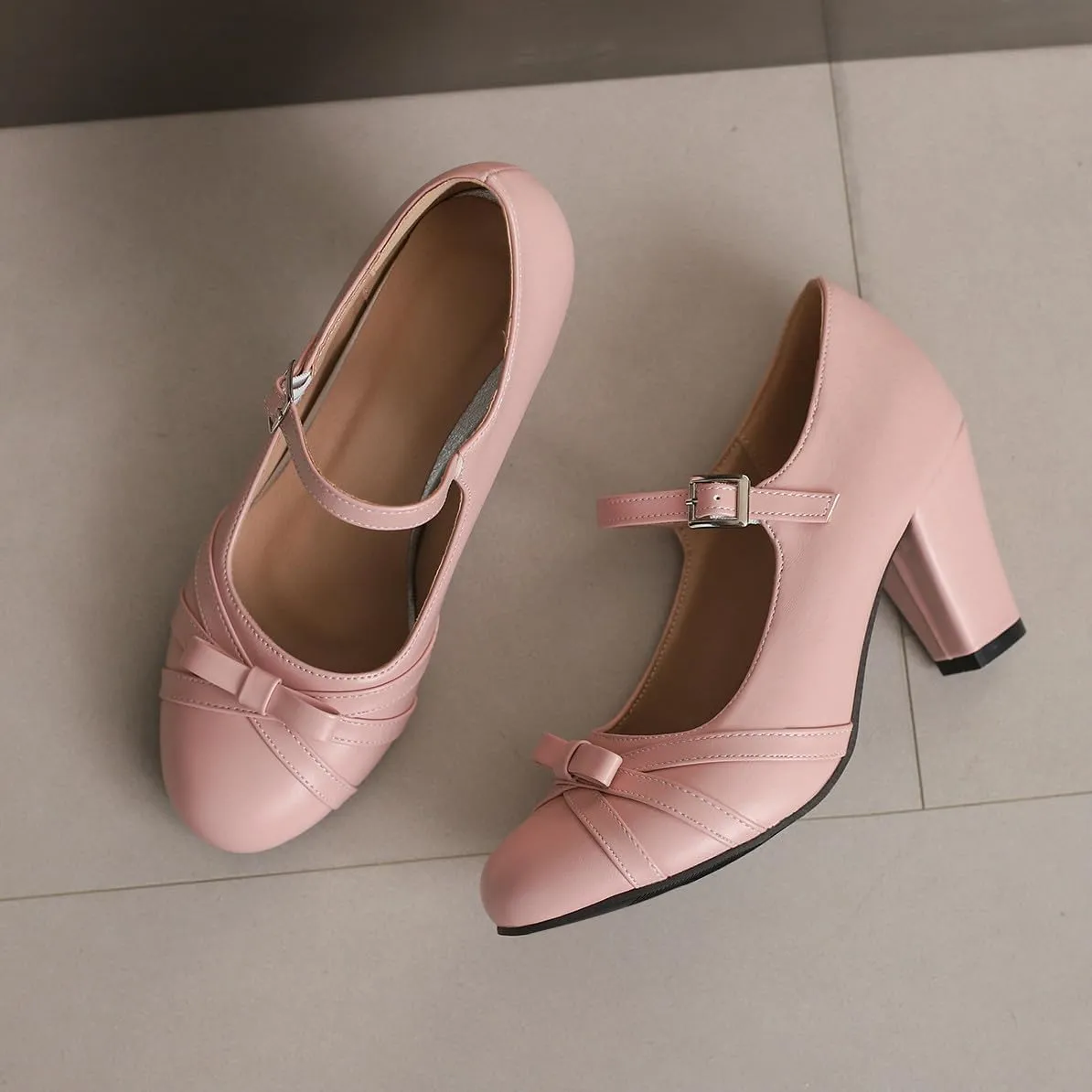 Womens Chic Bow Mary Jane Shoes Round Toe Chunky High Heels Kawaii Lolita Shoes Platform Pumps
