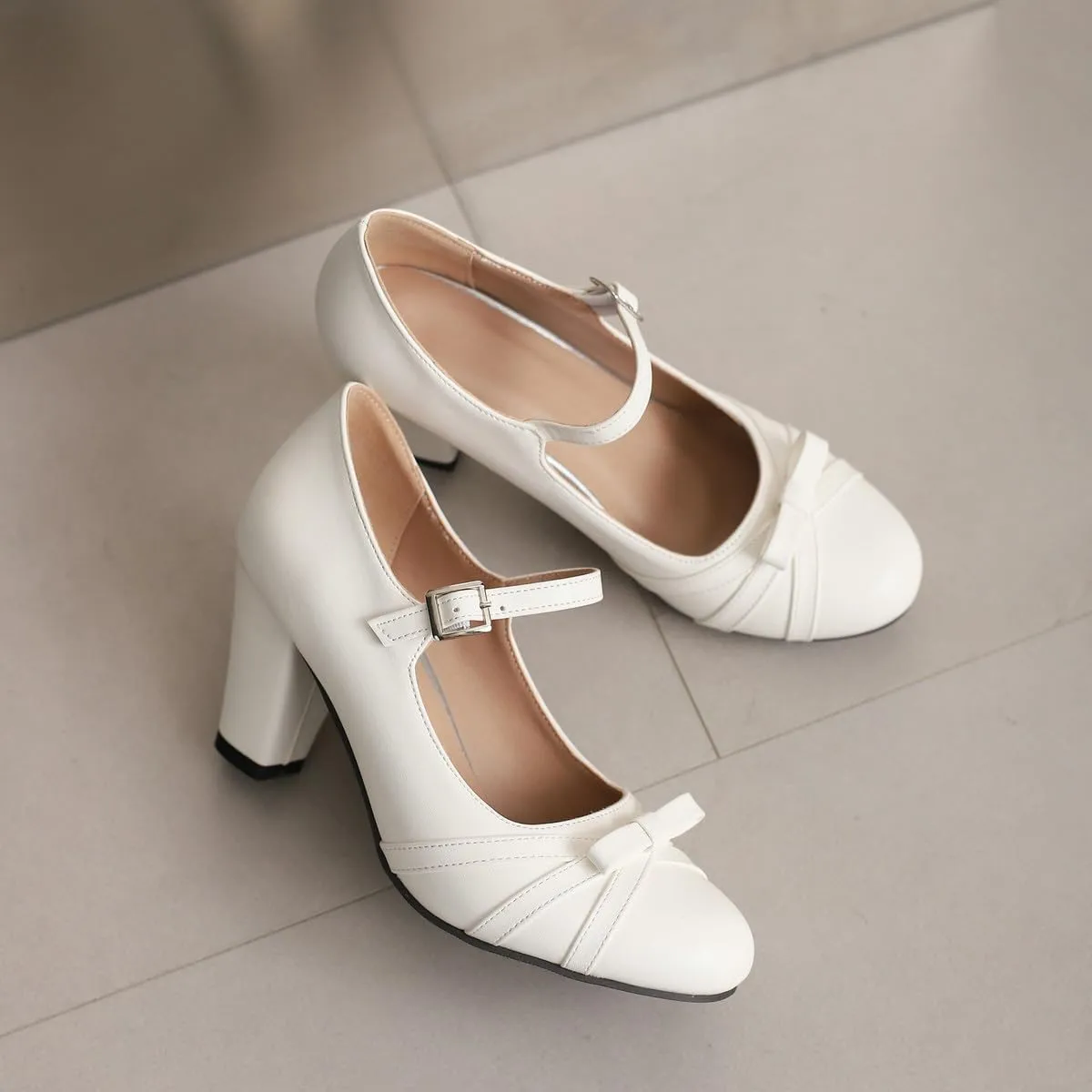 Womens Chic Bow Mary Jane Shoes Round Toe Chunky High Heels Kawaii Lolita Shoes Platform Pumps