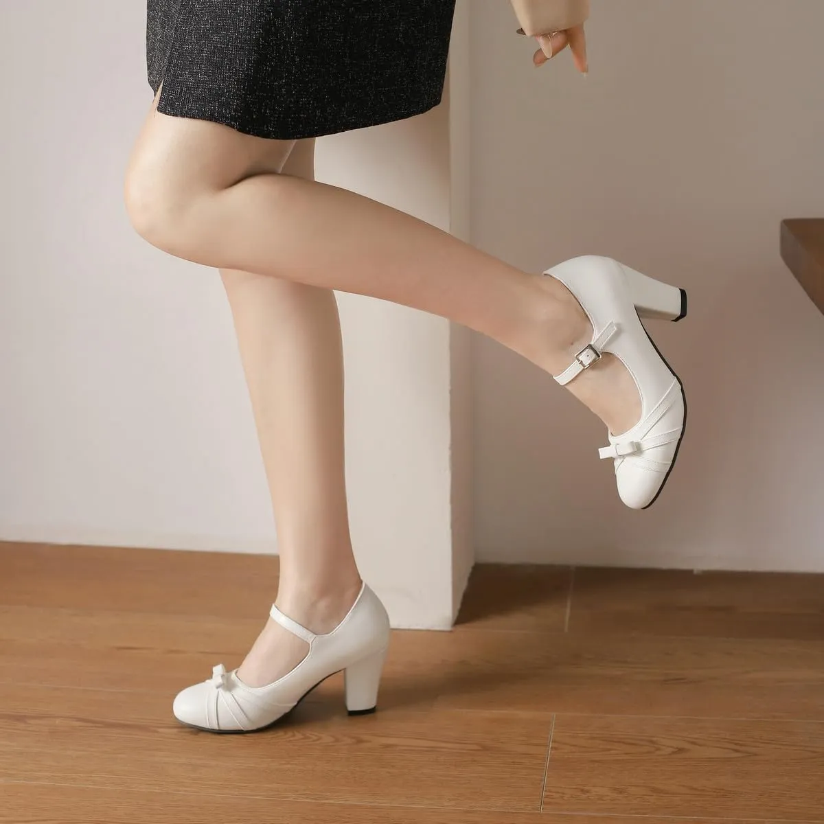 Womens Chic Bow Mary Jane Shoes Round Toe Chunky High Heels Kawaii Lolita Shoes Platform Pumps