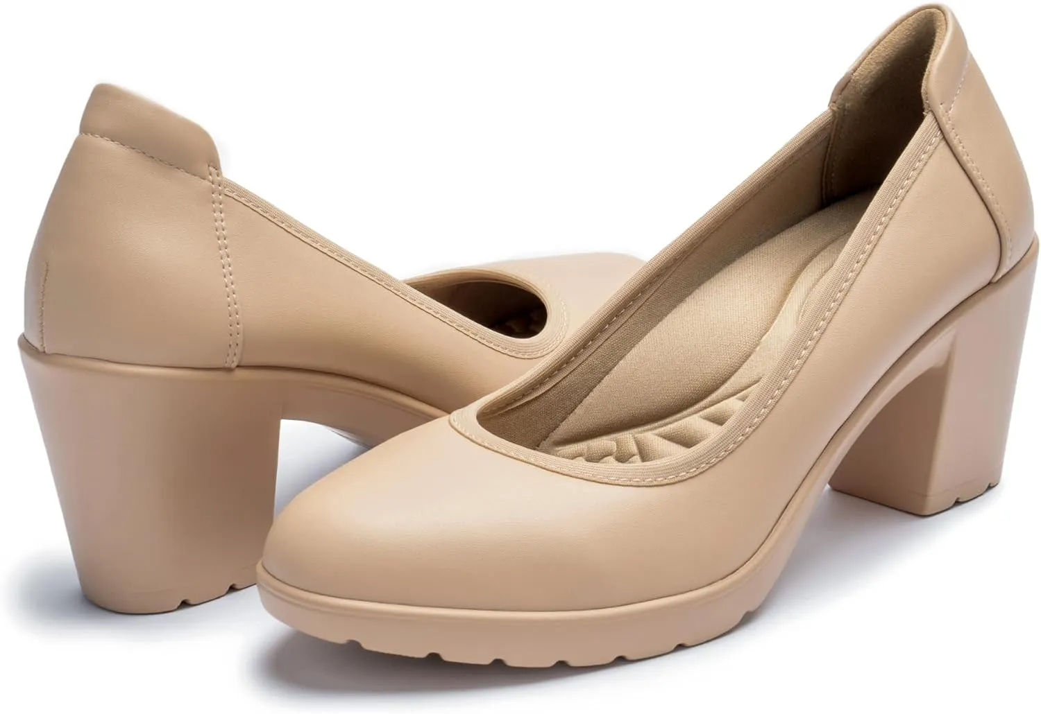Women's Pumps with Arch Support, Chunky Closed Round Toe Block Heels for Women, Comfortable Low Heel Work Dress Shoes