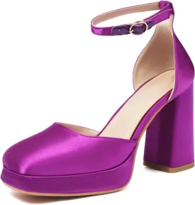 XIEDA Women's Closed Toe Platform Chunky High Block Satin Heels 4 Inch Ankle Strap Party Prom Dress Pumps