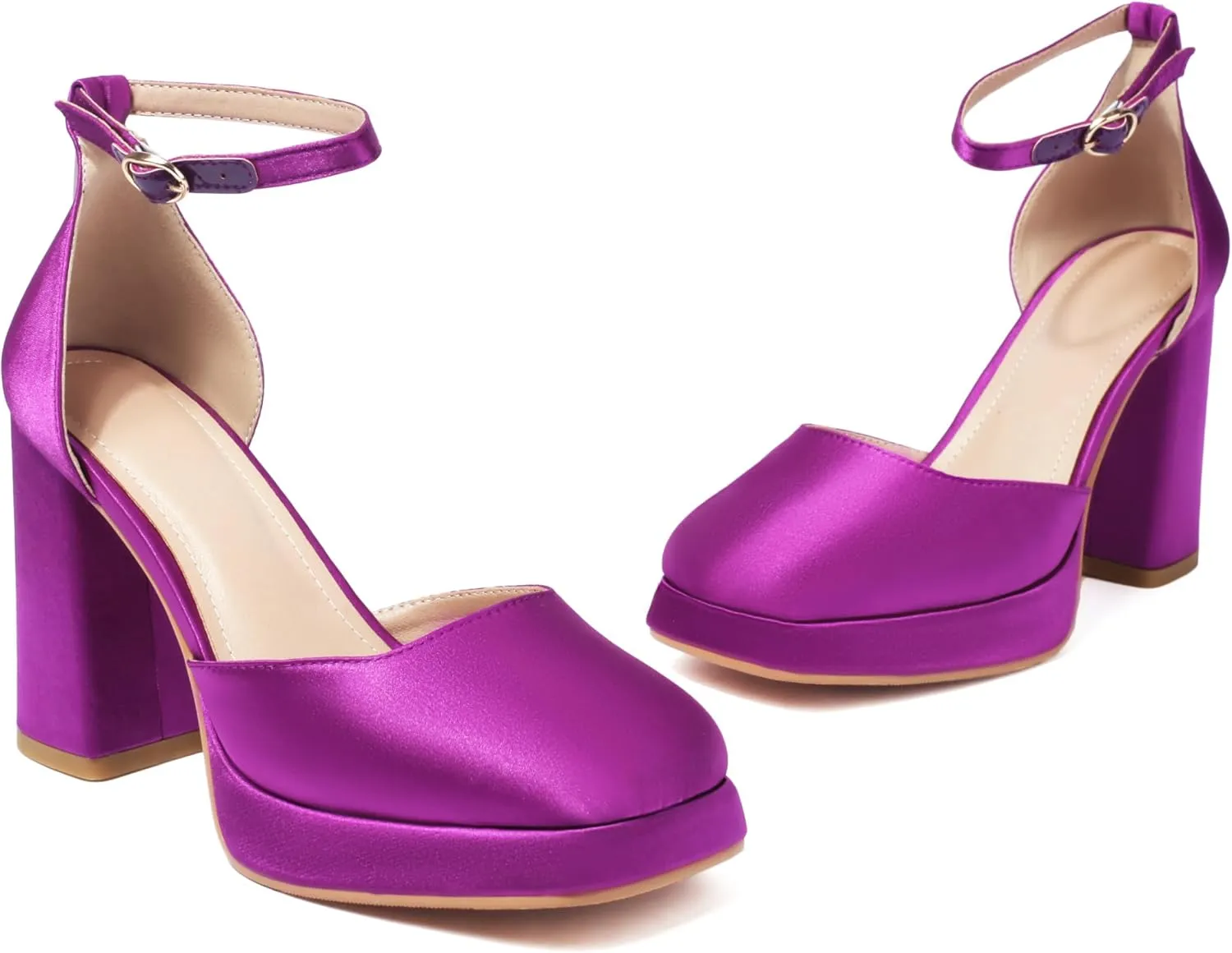 XIEDA Women's Closed Toe Platform Chunky High Block Satin Heels 4 Inch Ankle Strap Party Prom Dress Pumps