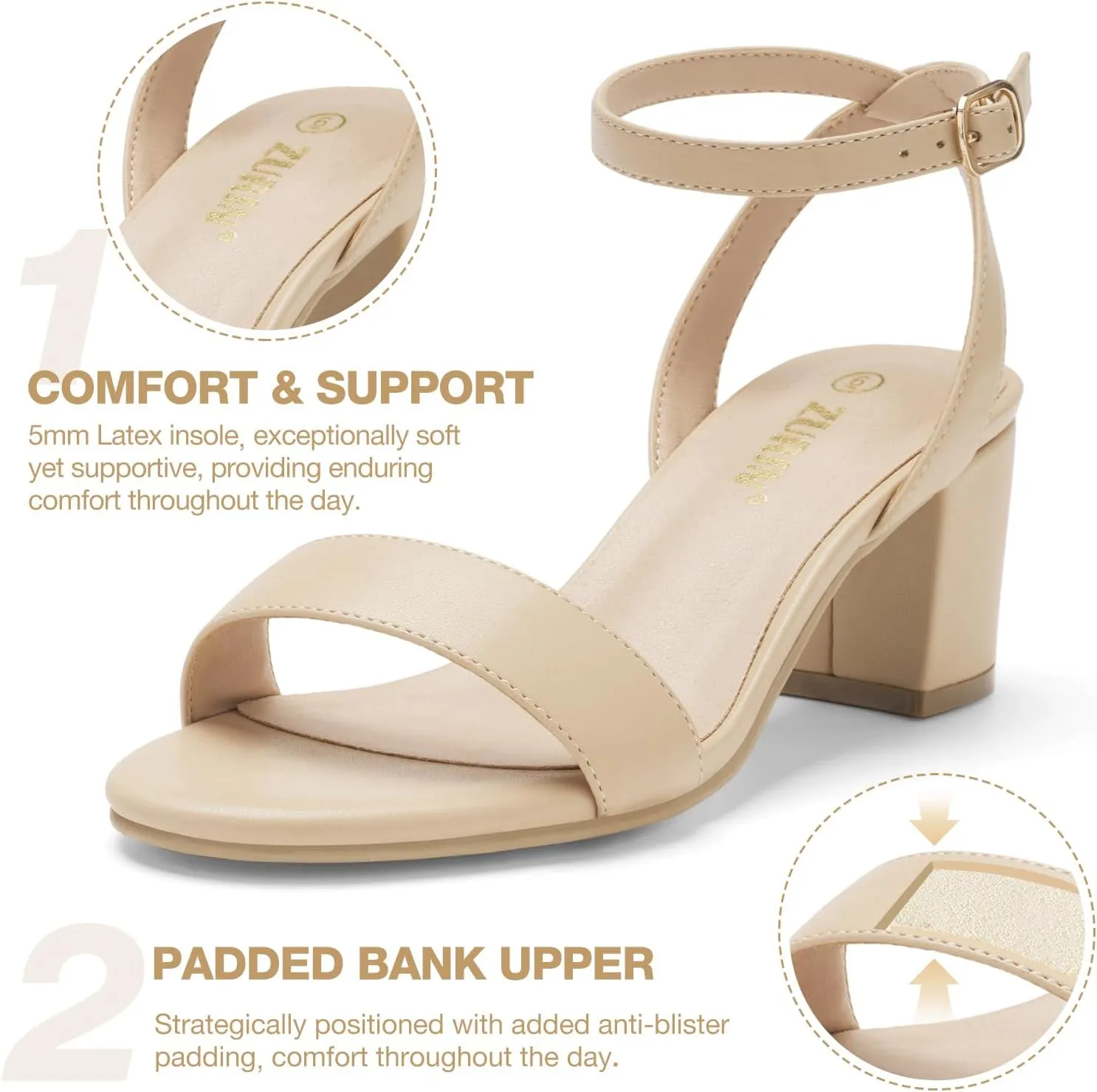 ZURIN Womens Low Block Chunky Heels Open Toe Ankle Strap Heeled Sandals Dress Pumps Shoes for Wedding Bridal Evening Party Homecoming Prom 2.24 inch