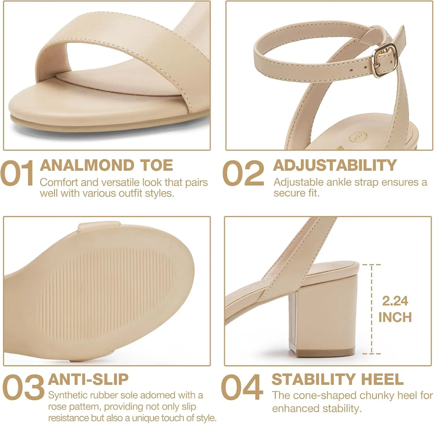 ZURIN Womens Low Block Chunky Heels Open Toe Ankle Strap Heeled Sandals Dress Pumps Shoes for Wedding Bridal Evening Party Homecoming Prom 2.24 inch